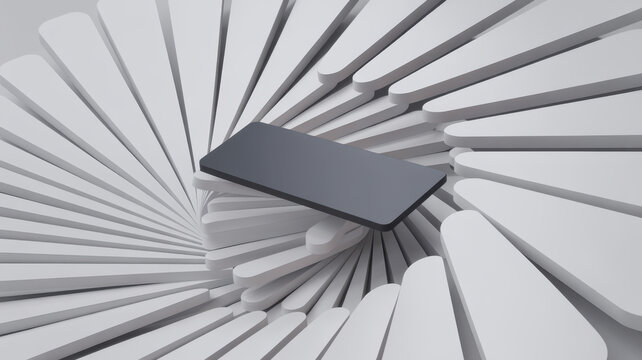 A modern smartphone placed on a rotating abstract white geometric pattern background.