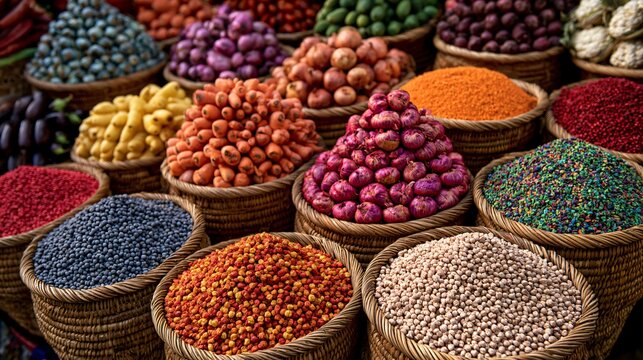 A colorful market-inspired scene with baskets of vegetables and chickpeas creating abundant harvest aesthetics
