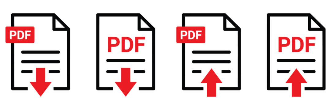 PDF file icon with download and upload symbols, document sharing, file transfer, digital storage, line, filled and color designs