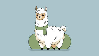 Fototapeta premium Adorable fluffy white alpaca wearing a cozy green scarf and looking quite grumpy on a soft blue circular background.