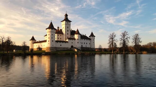 Majestic white castle with conical towers reflected in a tranquil lake at sunset with a soft golden light and clear blue sky