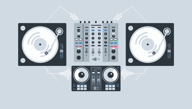 Complete modern professional DJ setup featuring two vinyl turntables a central audio mixer and a controller below.