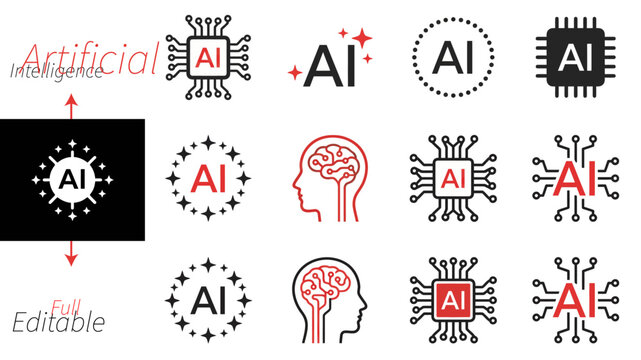 Artificial intelligence vector icons set with brain, robot, laptop and smartphone illustrations for technology and innovation design