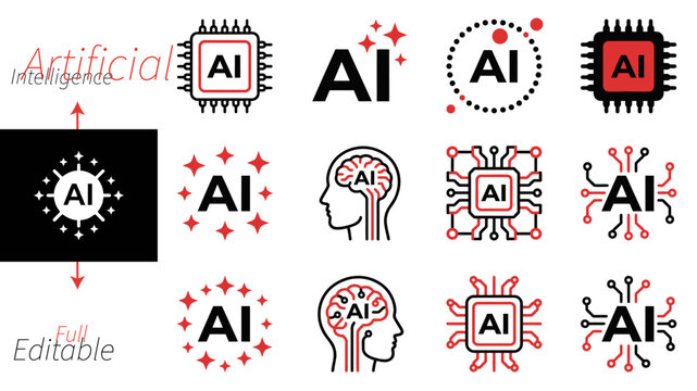 Artificial intelligence vector icons set with brain, robot, laptop and smartphone illustrations for technology and innovation design