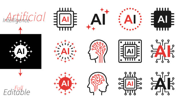 Artificial intelligence vector icons set with brain, robot, laptop and smartphone illustrations for technology and innovation design