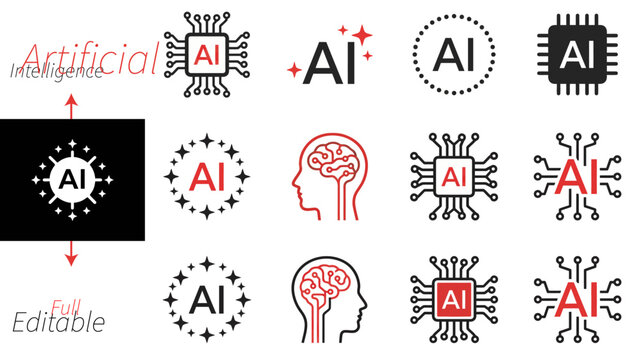 Artificial intelligence vector icons set with brain, robot, laptop and smartphone illustrations for technology and innovation design