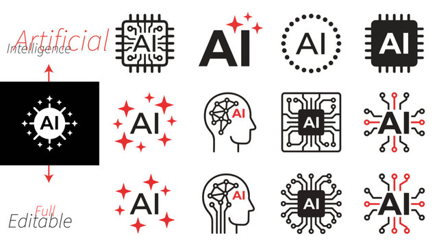 Artificial intelligence vector icons set with brain, robot, laptop and smartphone illustrations for technology and innovation design