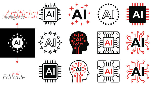 Artificial intelligence vector icons set with brain, robot, laptop and smartphone illustrations for technology and innovation design