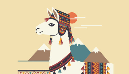 Fototapeta premium Majestic white llama wearing a vibrant traditional hand-woven andes wool hat and collar with mountain peaks behind.