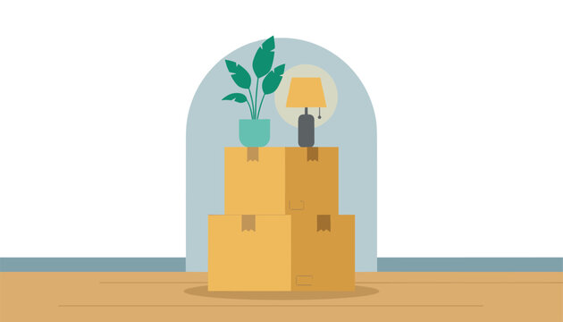 Cardboard shipping boxes stacked together with a green houseplant and a yellow table lamp placed on top.