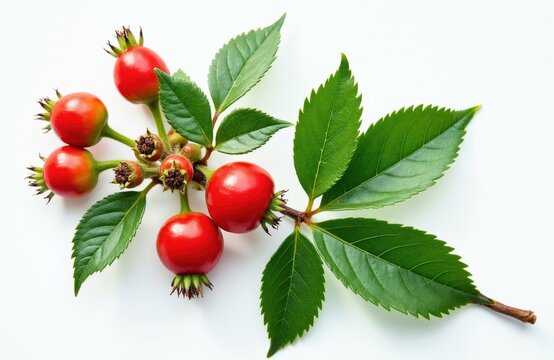 Fresh dog rose branch with bright red ripe berries, green leaves on white background. Organic plant hips for herbal tea, medicine. Wild botanical fruit for immunity vitamin therapy. Raw ingredient