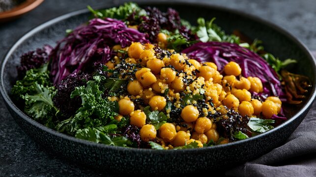 A luxury restaurant-style chickpea bowl plated with extreme precision on matte black stoneware