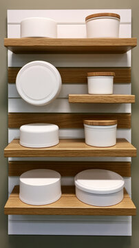 Wall Mounted Wooden Slats Rack with White Ceramic Jars