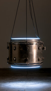 Suspended Metallic Drum Sculpture with Glowing Blue Light Ring