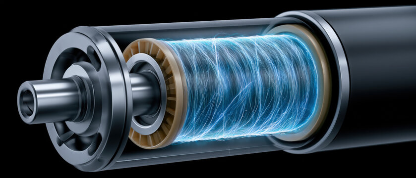 Electric Motor Rotor with Blue Winding in Cutaway View