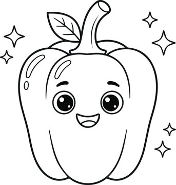 Cute cartoon bell pepper character with a happy face for coloring book page