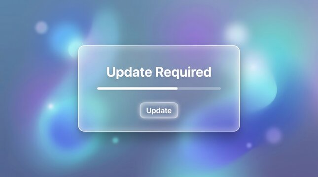 Software update notification with 'update required' message and button on gradient background