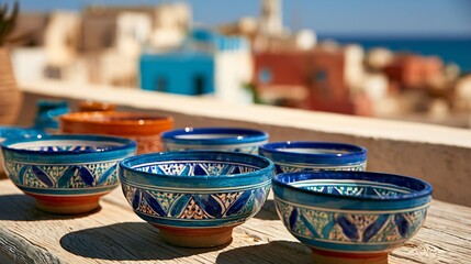 Fototapeta premium A Mediterranean rooftop lunch scene with bowls positioned on a sunlit table and blurred coastal architecture in the background