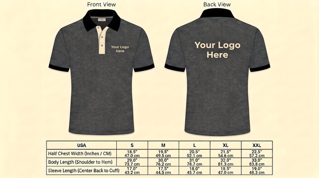 Charcoal Grey Polo Shirt Mockup with Light Blue White Tipping Collar, Modern Tech Company Uniform Front Back View PSD Template, Size Chart Included