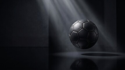 Fototapeta premium Floating Black Leather Soccer Ball with Dramatic Light Rays