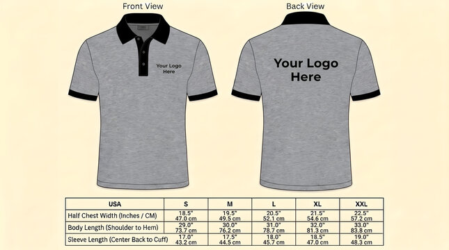 Heather Grey Polo Shirt Mockup with Black Tipping Collar, Corporate Uniform Front Back View PSD Template, Size Chart Inch CM Included