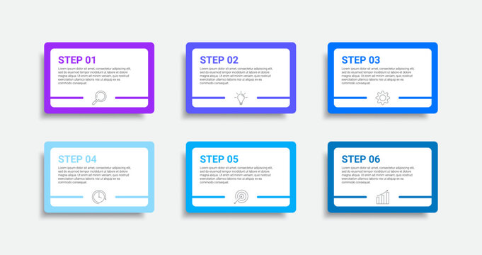 Six blue step boxes with icons and lorem ipsum text on a white background