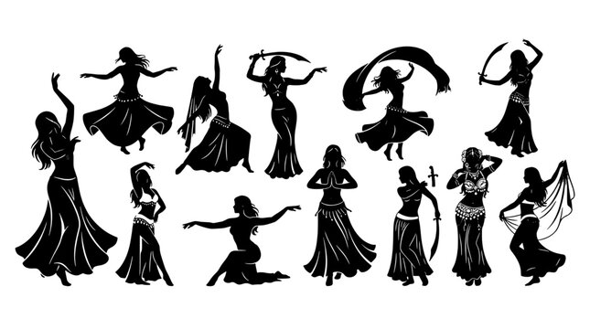 Set of black silhouettes of women performing traditional belly dance moves with veils and swords