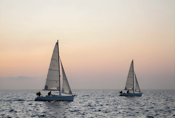 Fototapeta premium Two sailboats navigating calm ocean waters at sunset, leisure activity and freedom concept, outdoor recreation and travel