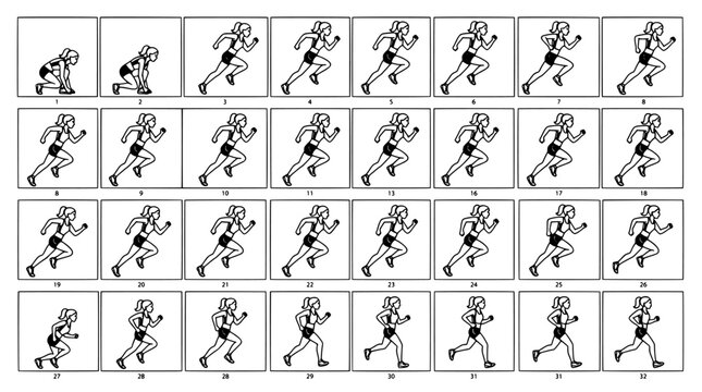 Woman runner animation sprite sheet showing movement stages from starting position to sprinting gait
