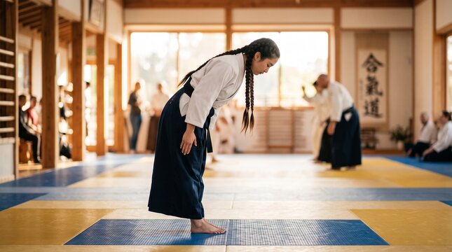 Young woman in martial arts uniform bows respectfully during Aikido training session in a dojo