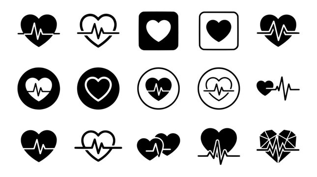 Set of heart and heartbeat pulse icons in modern flat black style isolated on white background