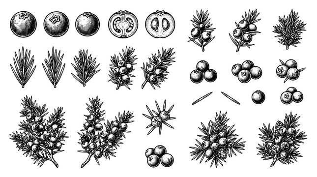 Set of hand drawn juniper berries and evergreen branch elements in engraving style, isolated on white background
