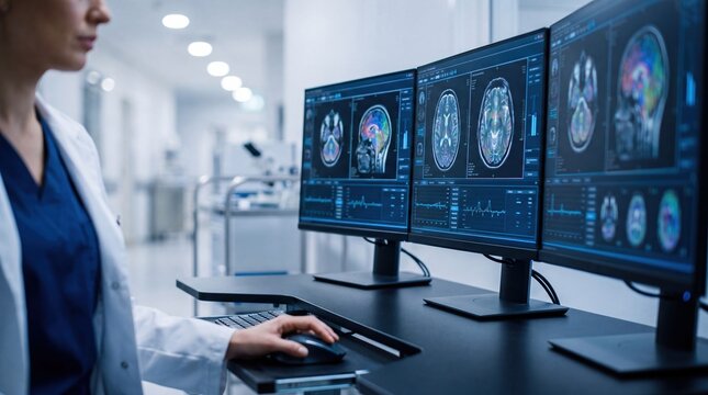 A medical professional works at a desk in a hospital. Three computer screens display brain scans. The setting is bright and modern. Equipment is visible in the background
