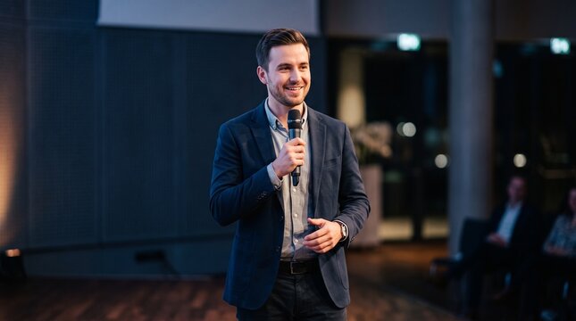 Confident Male Speaker Addressing Audience Holding Microphone in a Modern Conference Room