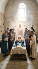 Fototapeta premium Dormition of the Mother of God with apostles and Jesus Christ holding her soul in paradise. Religious scene of Virgin Mary death and ascension. Biblical art for Easter holiday.