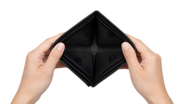 Hands holding an empty black wallet. Person showing an broke wallet with no money inside.