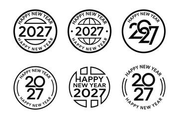 Obraz premium Happy new year 2027 circular stamp emblem set with round borders and globe icon elements.