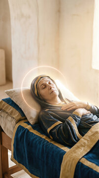 Woman as Virgin Mary lying on deathbed during Dormition of the Mother of God. Religious scene representing Saint Mary resting in peace with light halo. Traditional biblical depiction.