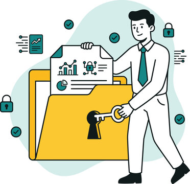 Data security concept illustration, businessman unlocking folder with key, cyber security and information protection, flat vector design, digital privacy, secure document management, business data enc