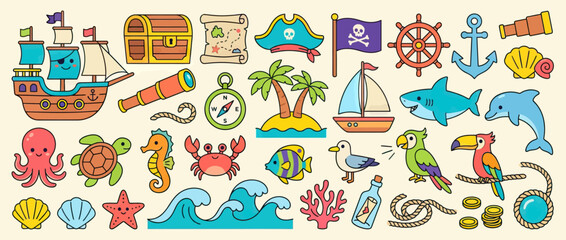 Cute Pirate Adventure Collection: Ship, Treasure Chest, Map, Animals, Island, Ocean Elements © Jalaludin
