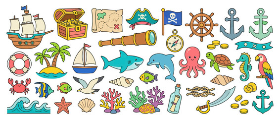 Naklejka premium Pirate Treasure Map, Ship, Chest, Animals, Ocean Elements - Vector Illustration Collection