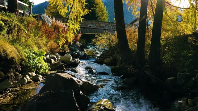 Static slow motion frame of stone bridge above creek