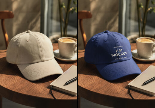Close-up of Baseball Hat on Cafe Table Mockup