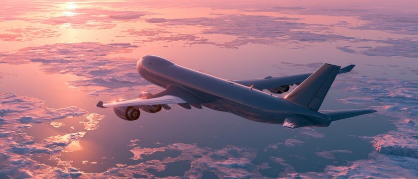 Sunset flight over icy waters with a plane taking off into the sky