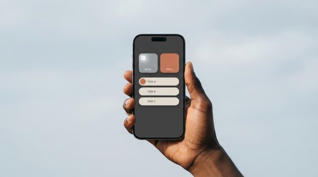 Mobile task management app interface displayed in a hand showing project and synchronization options