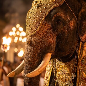 Majestic Esala Perahera elephant adorned in golden ceremonial attire during the night procession in Kandy, Sri Lanka, a vibrant cultural and religious festival.