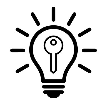 Light bulb with key symbol inside representing bright idea or solution innovation creativity