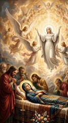 Fototapeta premium Dormition of the Mother of God with woman lying in bed surrounded by weeping apostle. Ascension of holy Mary to heaven with angel. Biblical scene of religious miracle and faith.