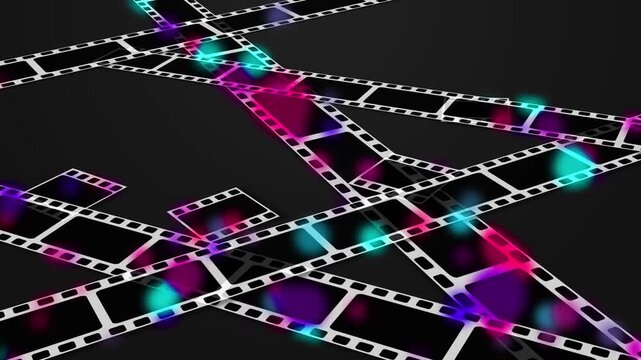 Crossing film reel motion overlay bright white strips, cinema spaces, colorful glow spots for creative media visuals. editor templates, movie openers, trailer titles, memory slideshows, transitions.