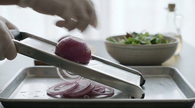 Chef using a mandoline slicer to cut thin rings of fresh red onion for a healthy salad.